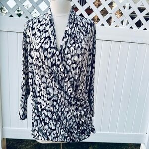 Chaus New York Women’s Elegant Rich Black Faux Wrap Blouse 3/4 Sleeves NWT